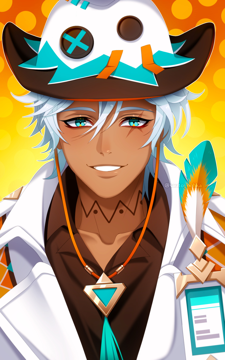 1boy, blue_eyes, collared_shirt, cowboy_hat, genshin_impact, hair_between_eyes, hat, highres