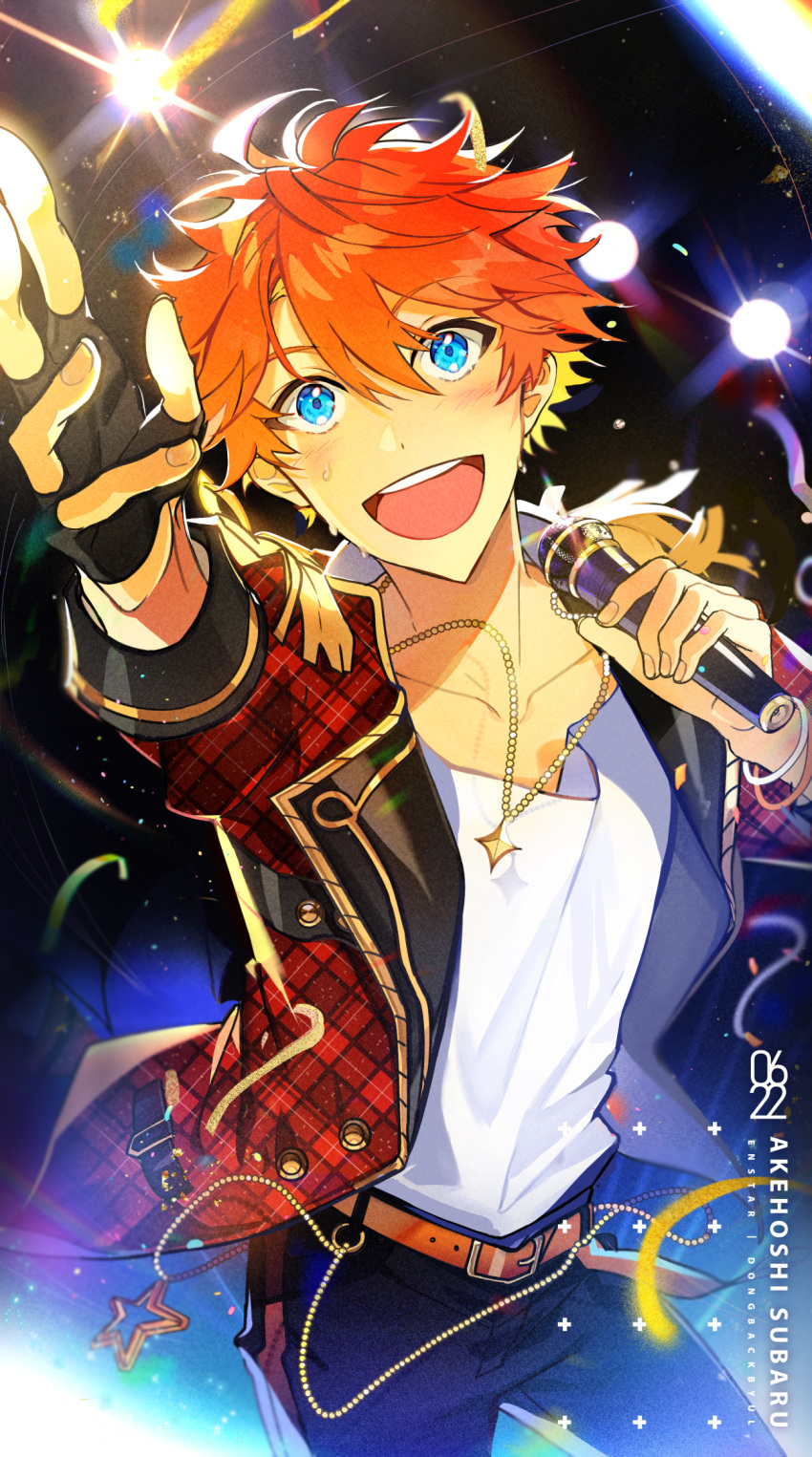 1boy, akehoshi_subaru, black_gloves, blue_eyes, character_name, dongbackbyul, ensemble_stars!, fingerless_gloves