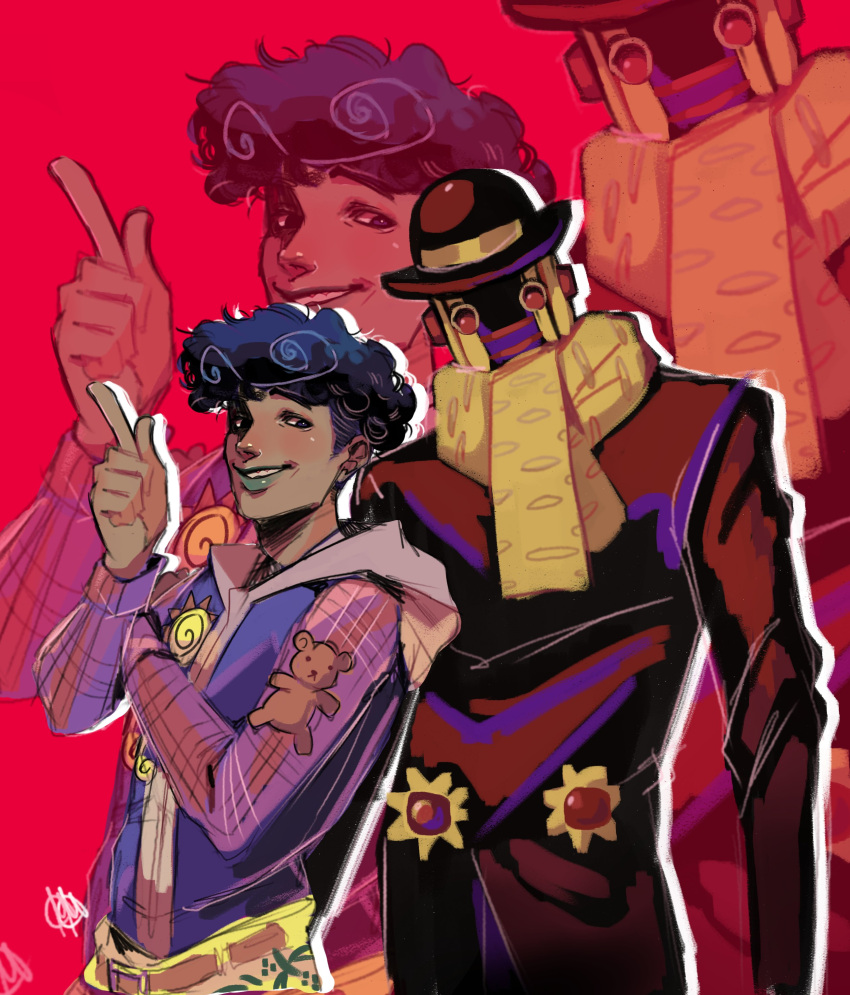 1boy, 1other, absurdres, black_hair, bowler_hat, brown_coat, brown_hat, brown_sleeves