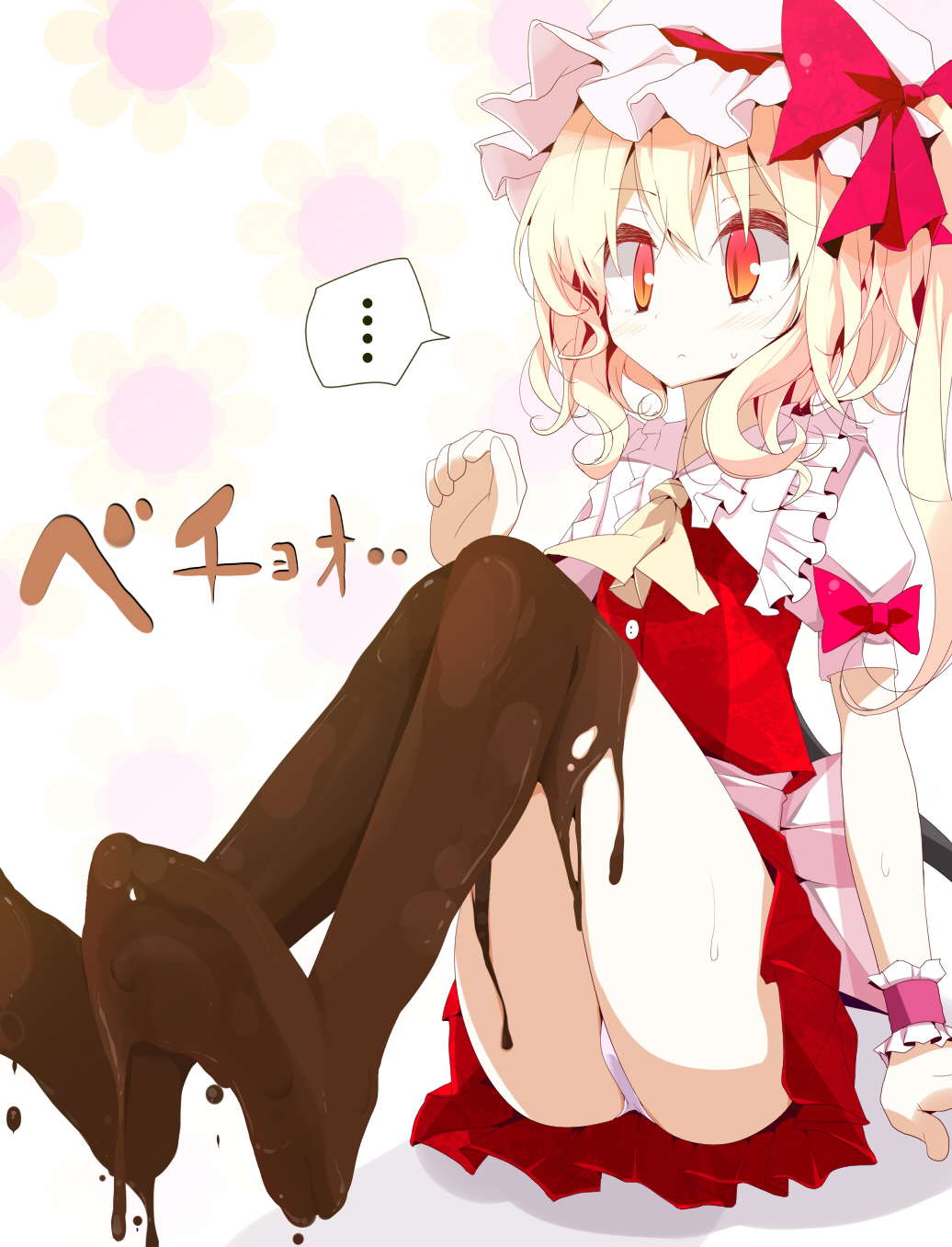 1girl, ascot, blonde_hair, child, chocolate, chocolate_clothes, chocolate_clothing, feet
