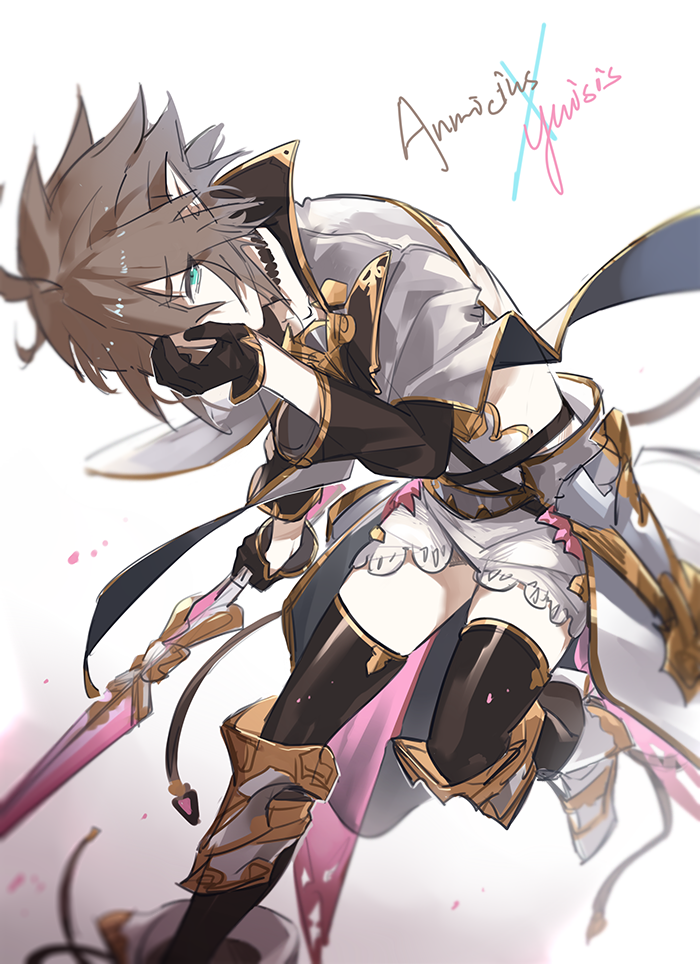 1boy, ahoge, alternate_costume, anmicius, aotu_world, black_gloves, black_thighhighs, blue_eyes