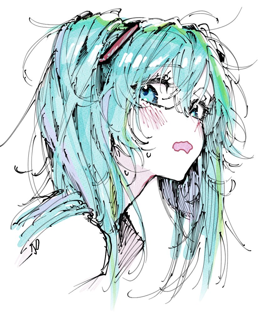 1girl, aiiro, aqua_eyes, aqua_hair, blush, hashtag-only_commentary, hatsune_miku, messy_hair, tagme, twintails, vocaloid, wavy_mouth, white_background