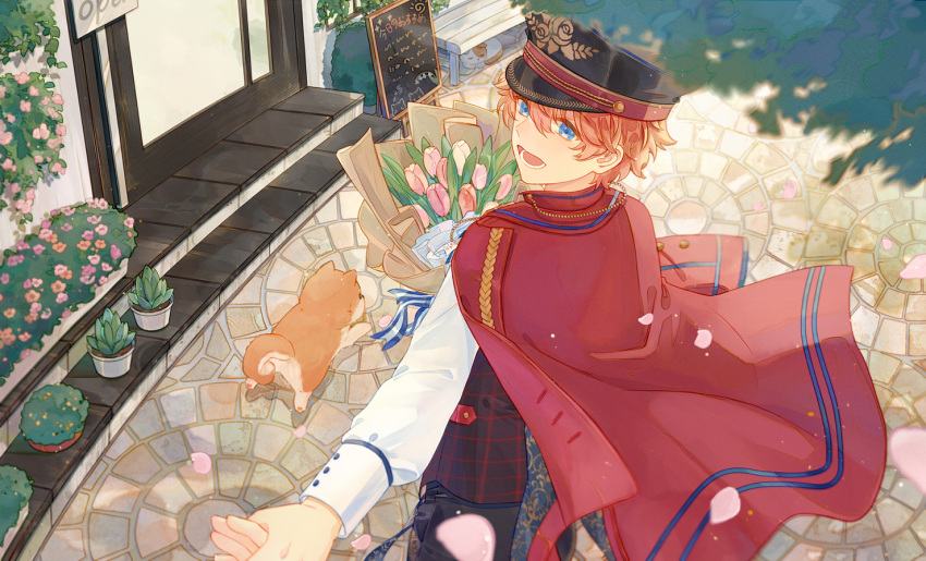 1boy, akehoshi_subaru, black_hair, blue_eyes, blurry, blurry_foreground, bouquet, buji