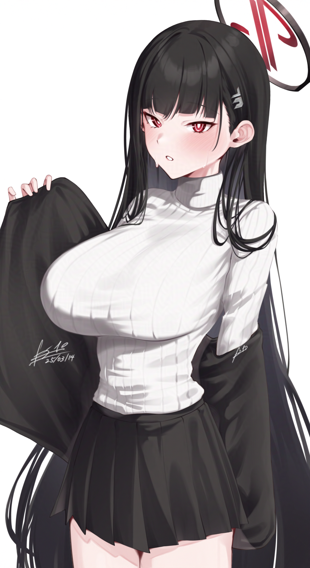 1girl, black_hair, black_skirt, blazer, blue_archive, blush, breasts, esto_0079, hair_ornament, hairclip, halo, highres, jacket, large_breasts, long_hair, off_shoulder, parted_lips, pleated_skirt, red_eyes, ribbed_sweater, ringed_eyes, rio_(blue_archive), simple_background, skirt, solo, sweat, sweater, turtleneck, turtleneck_sweater, very_long_hair, white_background, white_sweater