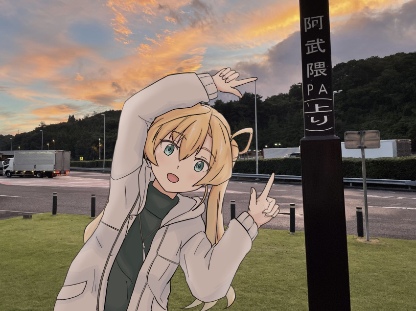 1girl, abukuma_(kancolle), blonde_hair, highres, kantai_collection, photo_background, road, sanyochu_(r909sun)