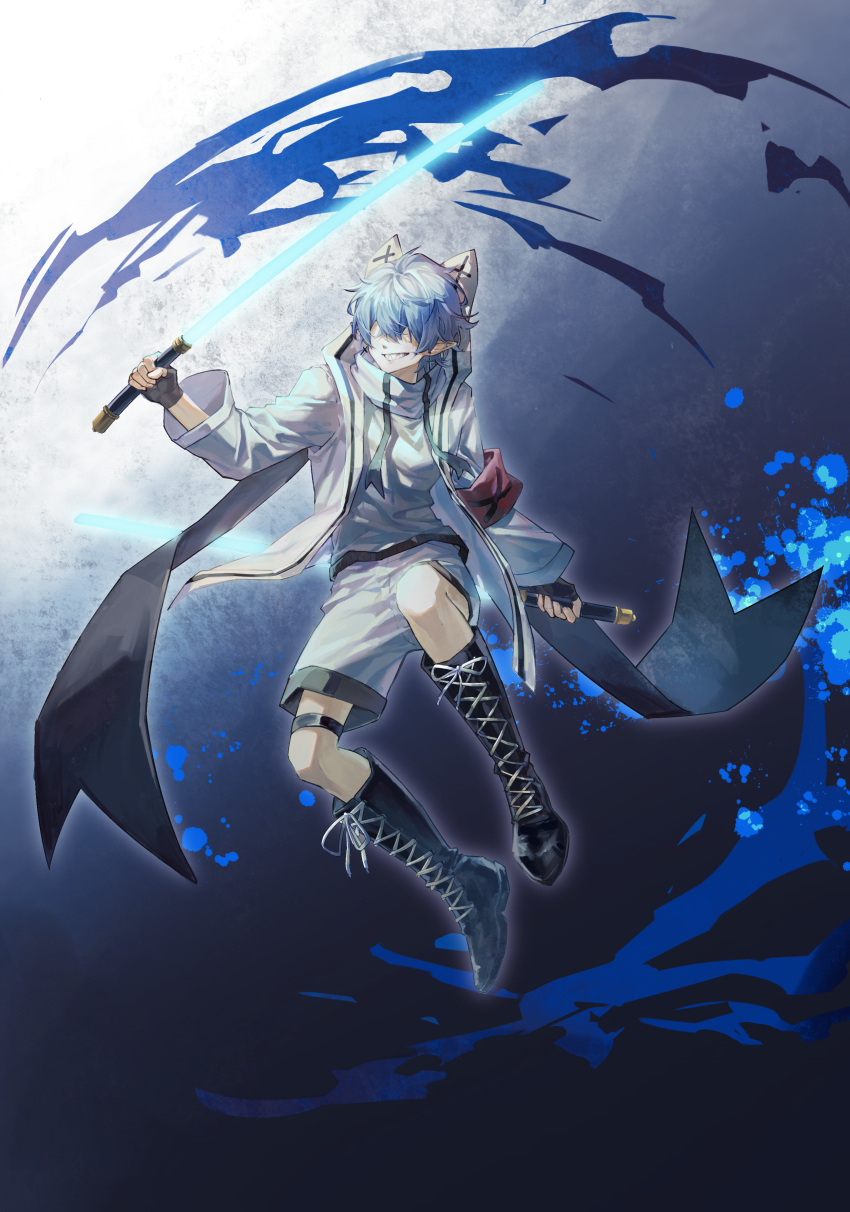 1boy, absurdres, belt, black_pants, blue_hair, boots, fingerless_gloves, full_body