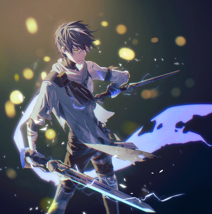 1boy, armor, bandages, belt, black_gloves, black_hair, black_pants, glaive_(polearm)