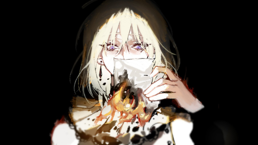1girl, bang_dream!, bang_dream!_it's_mygo!!!!!, black_background, blonde_hair, burning, burning_paper, chinese_commentary