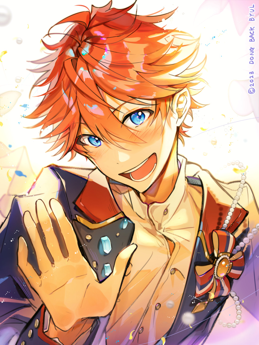 1boy, akehoshi_subaru, blue_eyes, blue_jacket, blush, brooch, confetti, dated