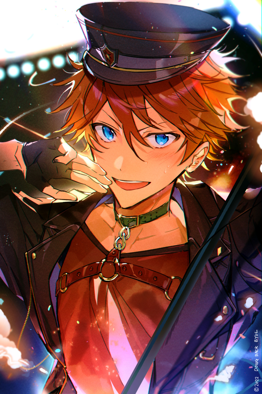 1boy, akehoshi_subaru, belt_collar, black_collar, black_gloves, black_hair, black_jacket, blue_eyes