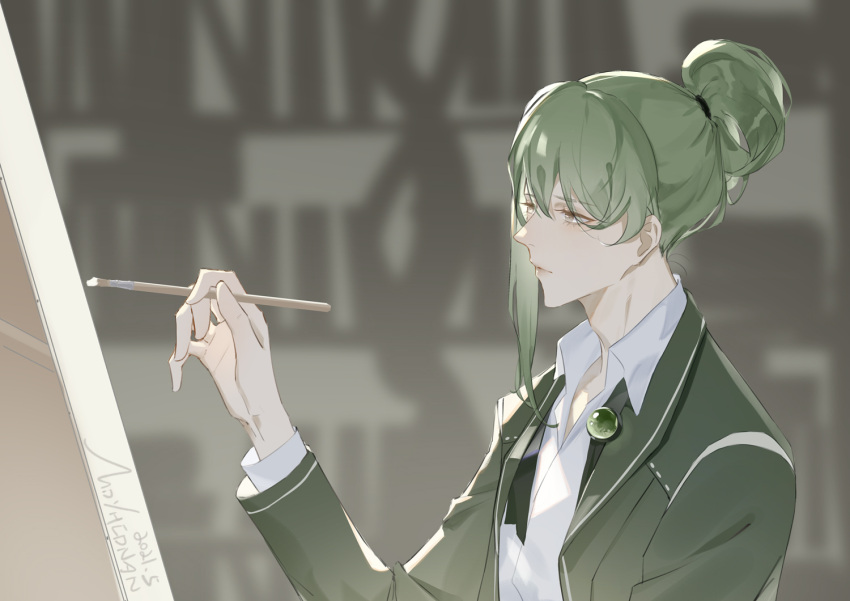 1boy, ascot, black_ascot, brown_eyes, canvas_(object), collared_shirt, dress_shirt, from_side, gem, green_gemstone, green_hair, green_jacket, hair_rings, holding, holding_brush, jacket, library_of_ruina, long_sleeves, moyhconan, netzach_(project_moon), paintbrush, painting_(action), project_moon, shirt, single_hair_ring, solo, undone_ascot, upper_body, white_shirt