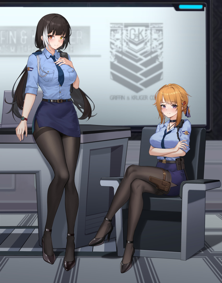 2girls, absurdres, belt, black_hair, black_pantyhose, blue_shirt, breasts, choker, collarbone, commentary, commission, english_commentary, epaulettes, girls_frontline, grizzly_mkv_(girls'_frontline), hair_ribbon, high_heels, highres, indoors, jewelry, large_breasts, long_hair, looking_at_viewer, medium_breasts, multicolored_eyes, multiple_girls, necklace, necktie, pantyhose, pencil_skirt, pink_hair, police, police_uniform, ponytail, red_eyes, ribbon, ro635_(girls'_frontline), shirt, side_slit, sidelocks, skirt, super_hellrat, very_long_hair, walkie-talkie, watch, watch, yellow_eyes
