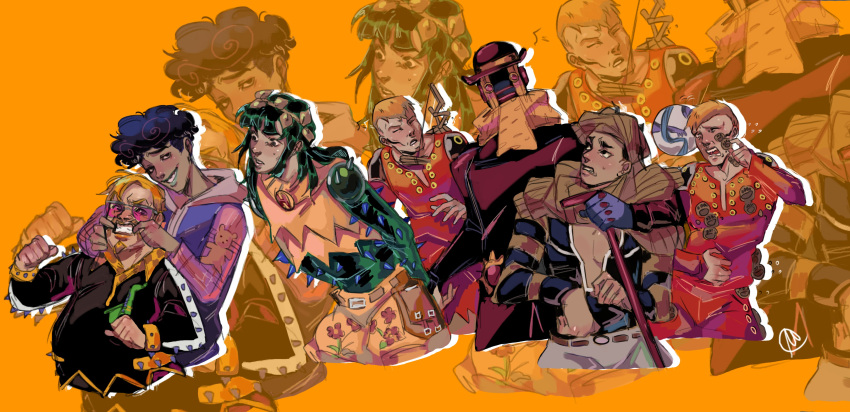 1other, 6+boys, a._phex_brothers, absurdres, black_hair, blonde_hair, bowler_hat, cane