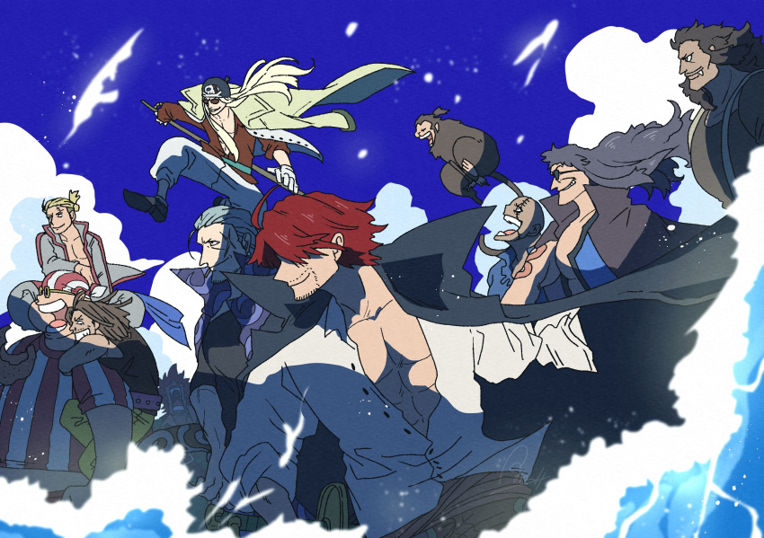6+boys, abs, animal, beard_stubble, benn_beckman, black_hair, blonde_hair, blue_sky