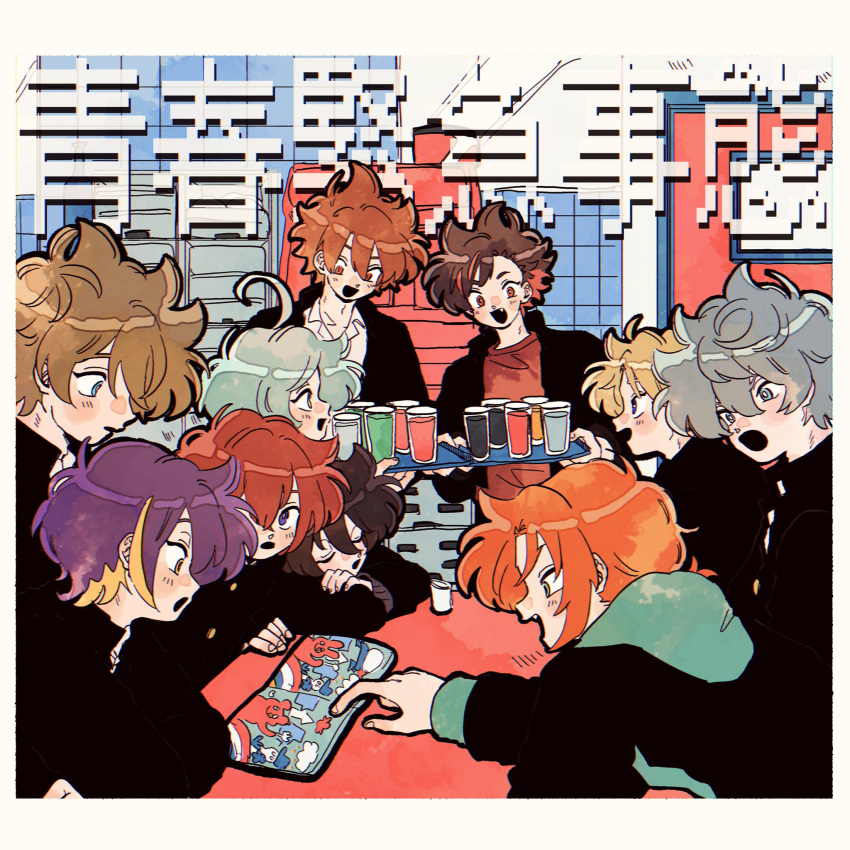 6+boys, ahoge, aqua_hair, black_hair, black_jacket, blonde_hair, brown_hair, chokki_01, commentary, ensemble_stars!, from_side, gakuran, grey_hair, hair_between_eyes, highres, holding, holding_tray, index_finger_raised, jacket, looking_at_another, morisawa_chiaki, multicolored_hair, multiple_boys, nagumo_tetora, narukami_arashi, open_mouth, orange_hair, parted_bangs, purple_hair, red_shirt, sakuma_ritsu, school_uniform, sena_izumi_(ensemble_stars!), sengoku_shinobu, shinkai_kanata, shirt, short_hair, streaked_hair, suou_tsukasa, symbol-only_commentary, takamine_midori, tray, tsukinaga_leo, upper_body