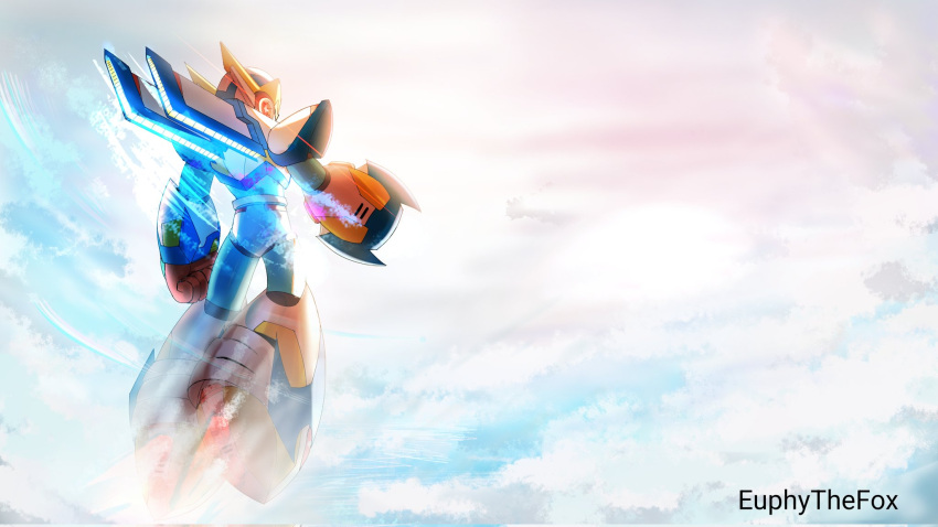 1boy, arm_cannon, armor, artist_name, euphythefox, falcon_armor_x_(mega_man), floating, full_body