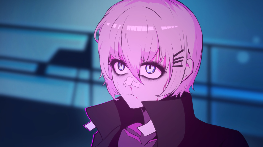 1girl, absurdres, android, artificial_eye, auguste_eden, bandaid, bandaid_on_face, bandaid_on_nose