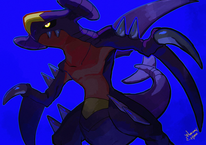 absurdres, arm_spikes, arms_up, black_sclera, blue_background, blue_theme, colored_sclera, commentary