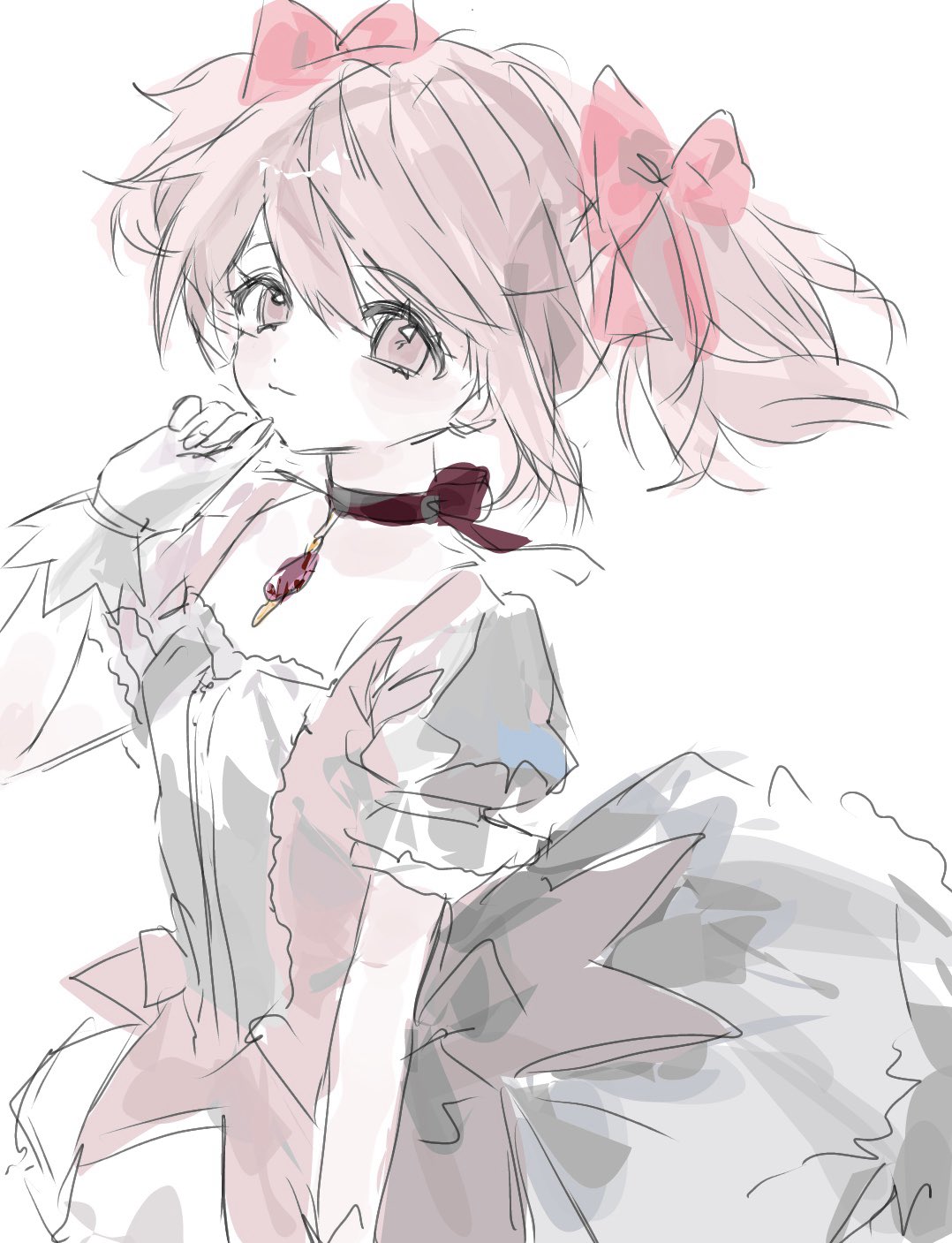 1girl, bubble_skirt, choker, dress, hair_ribbon, highres, kaname_madoka, kitty_17a