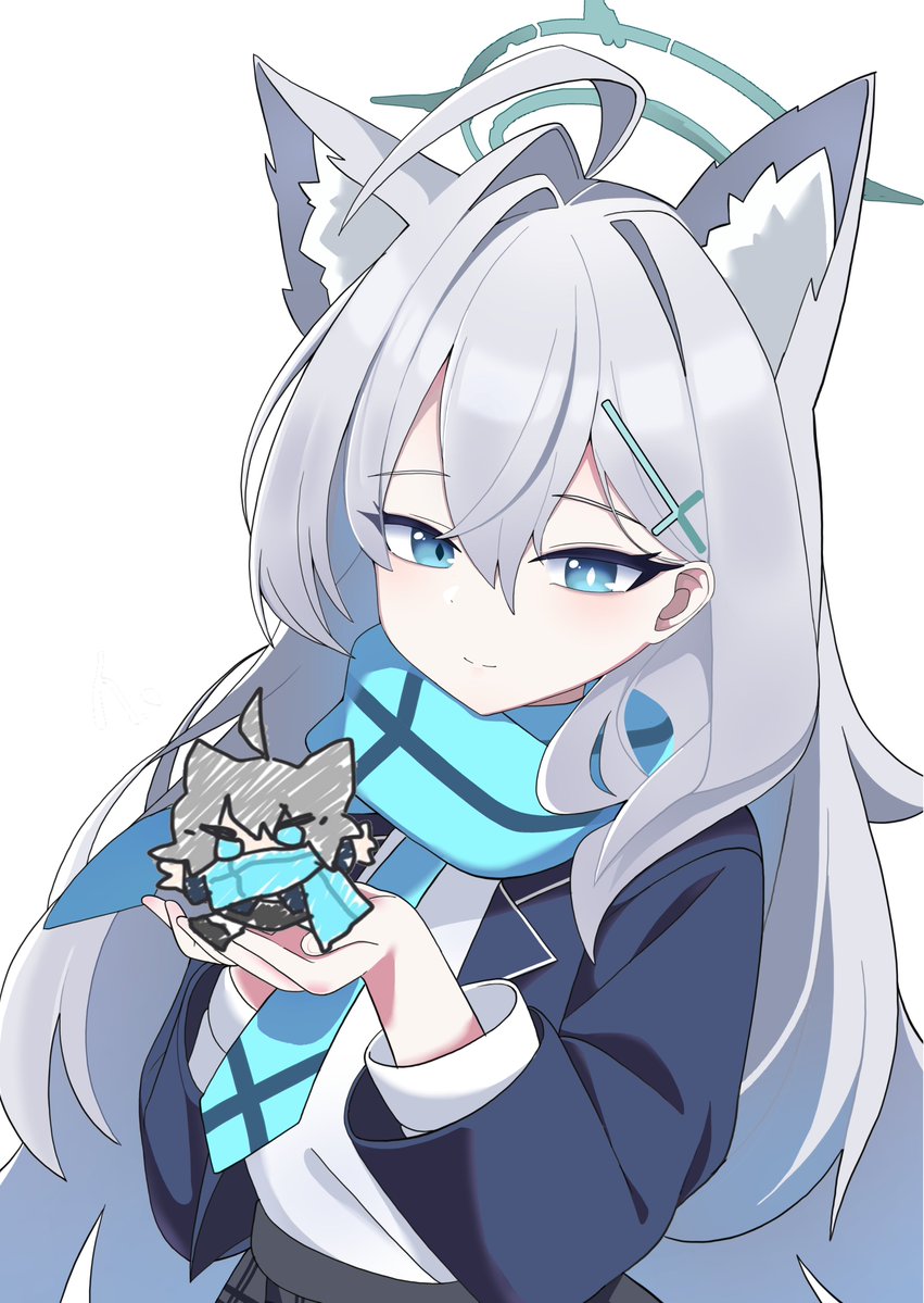 2girls, ahoge, animal_ears, black_jacket, blue_archive, blue_eyes, blue_halo, blue_necktie