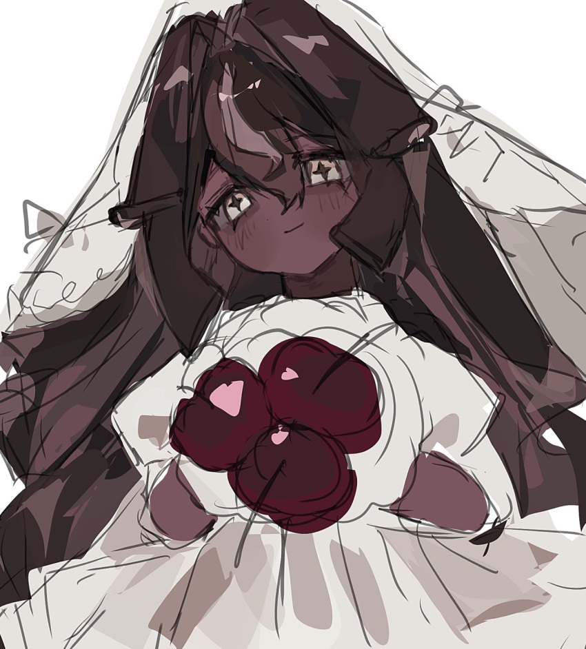 1girl, black_forest_cookie, brown_hair, closed_mouth, cookie_run, cookie_run:_kingdom, dark-skinned_female, dark_skin, dress, hair_between_eyes, hair_ornament, highres, kitty_17a, long_hair, simple_background, smile, solo, veil, wedding_dress, white_eyes
