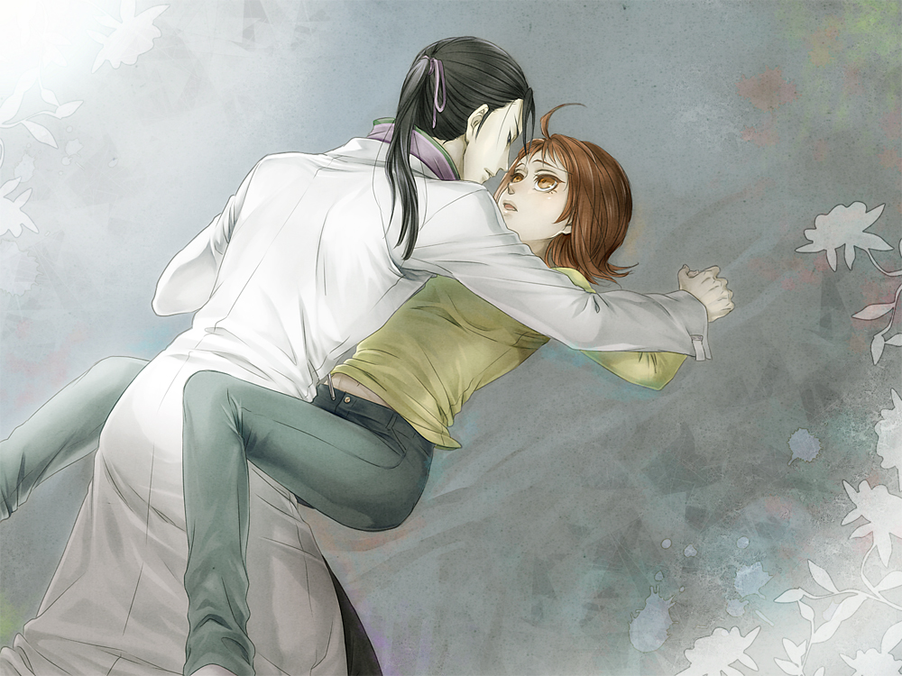 1girl, ahoge, angela_(harvest_moon), black_hair, brown_eyes, brown_hair, couple, hal_(sakurajam)