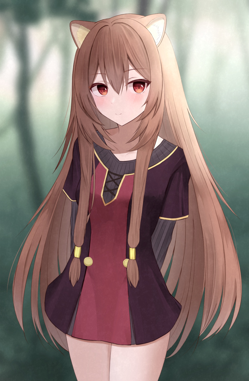 1girl, arms_behind_head, black_dress, blurry, blurry_background, breasts, brown_hair, closed_mouth