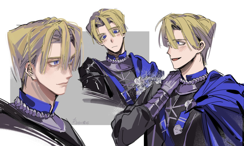1boy, arm_up, armor, belt, belt_buckle, blonde_hair, blue_belt, blue_cape