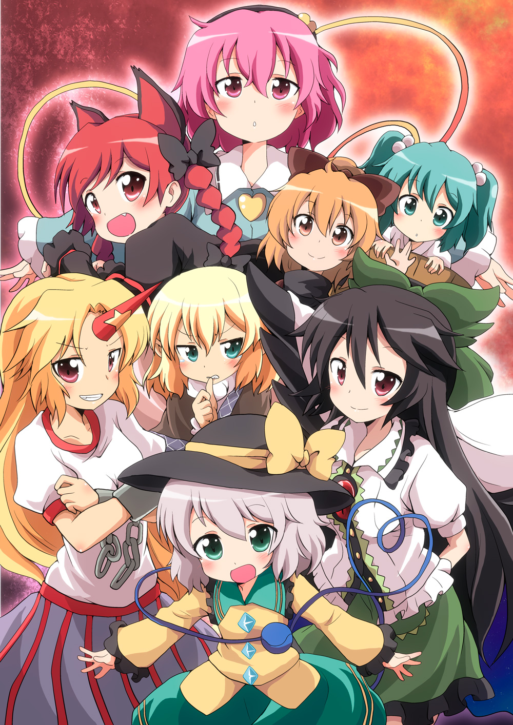 biting, blush, crossed_arms, everyone, fang, grin, highres, horn