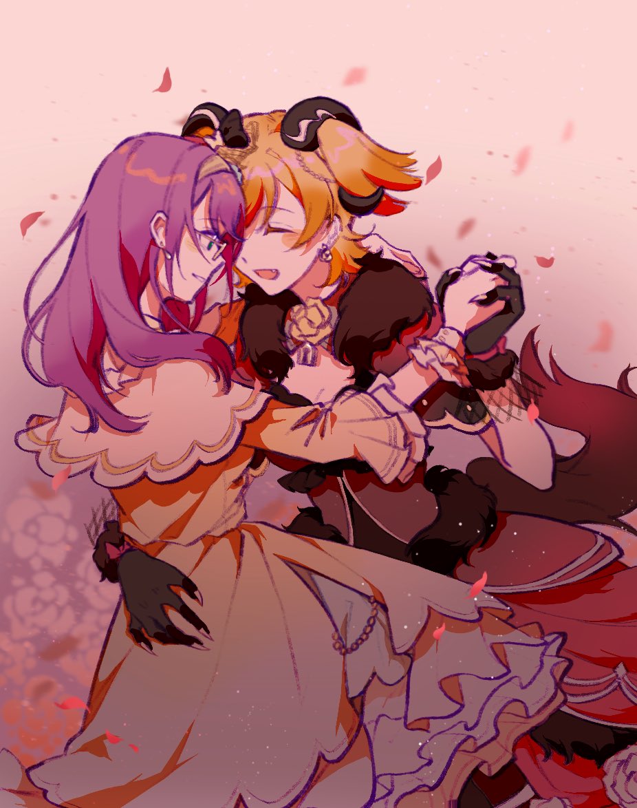 2girls, :d, arm_around_waist, black_gloves, black_robe, blonde_hair, blush, blush_stickers