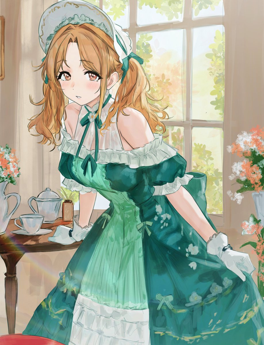 1girl, bare_shoulders, bow, brown_eyes, brown_hair, cobwvmeti, cup, curtains