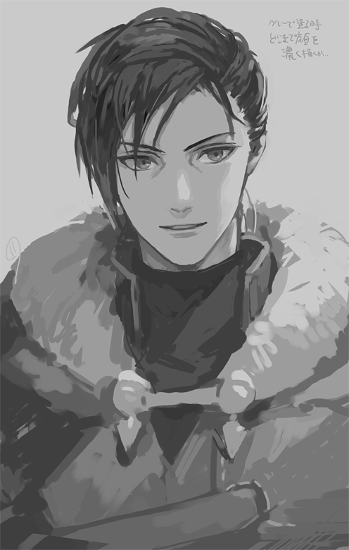 11mtri, 1boy, collared_tunic, felix_hugo_fraldarius, felix_hugo_fraldarius_(post_timeskip), fire_emblem, fire_emblem:_three_houses, fur-trimmed_hood, fur_trim, grey_background, greyscale, hood, hood_down, looking_to_the_side, male_focus, monochrome, parted_bangs, parted_lips, popped_collar, sideways_glance, simple_background, smile, solo, turtleneck, upper_body