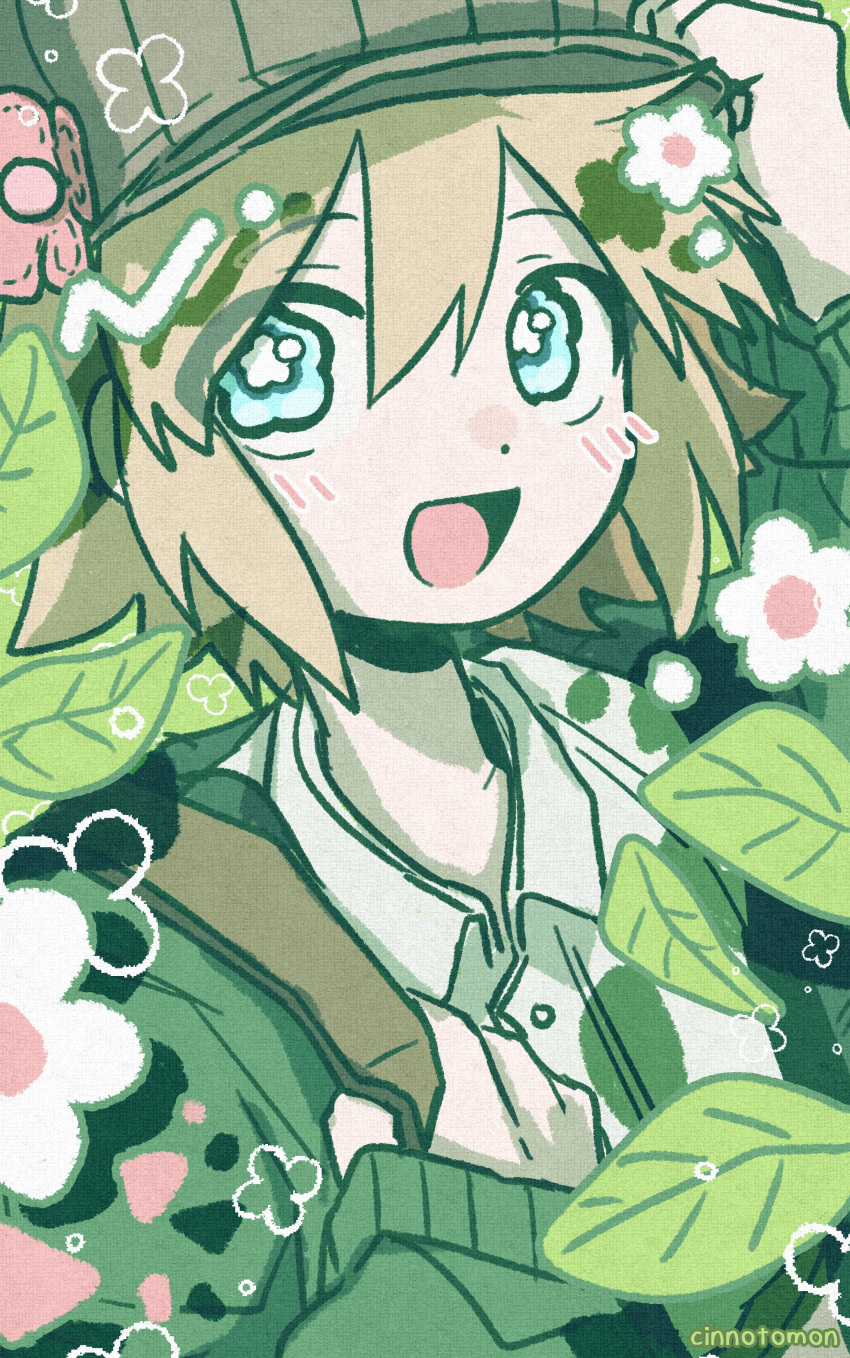 1boy, :d, absurdres, adjusting_clothes, adjusting_headwear, arm_up, artist_name, basil_(faraway)_(omori)