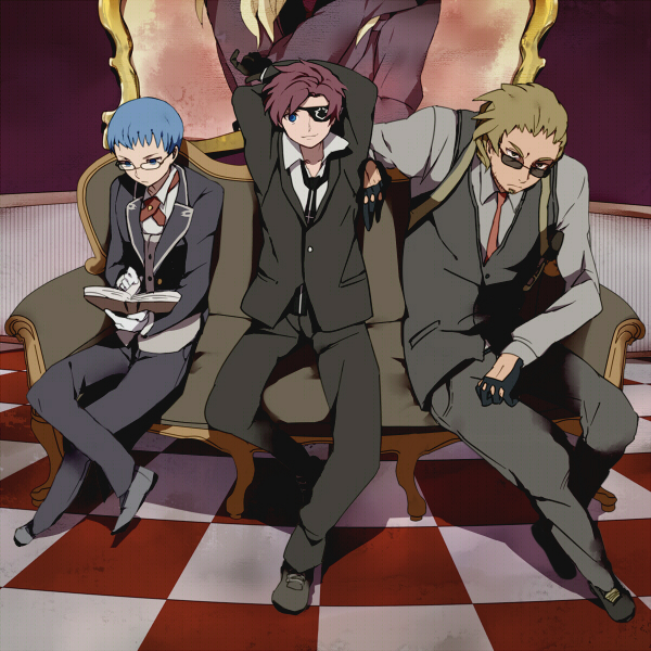 alternate_costume, asbel_lhant, blue_eyes, blue_hair, book, brown_hair, eyepatch, formal, glasses, gloves, hubert_ozwell, iroha_(iroha66), male, malik_caesars, multiple_boys, necktie, smile, suit, sunglasses, tales_of_(series), tales_of_graces