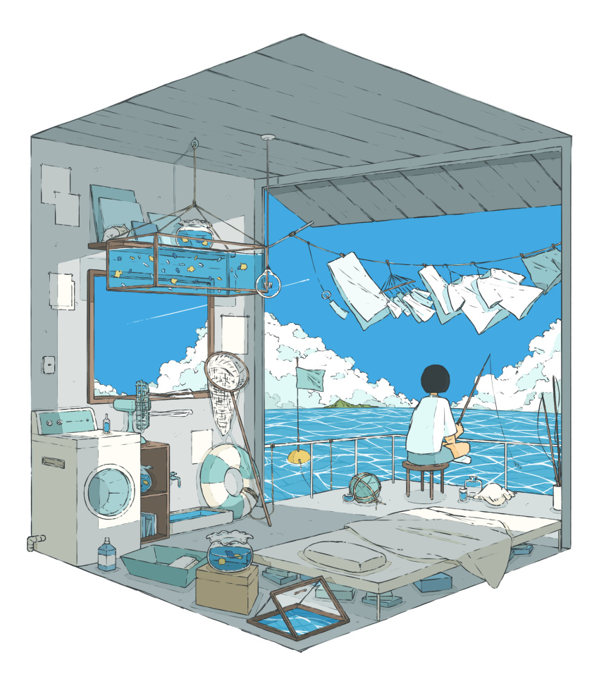 aquarium, bed, blue_shorts, blue_sky, butterfly_net, clouds, cushion, fish