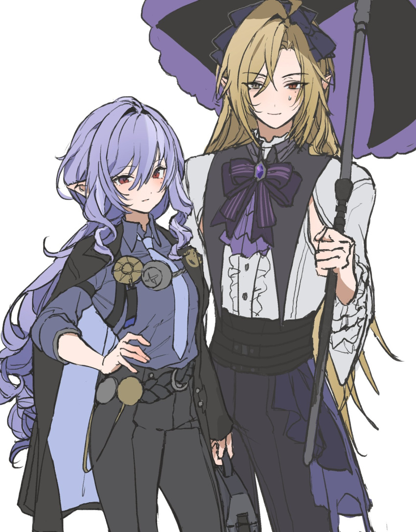 1boy, 1girl, belt, blonde_hair, bow, bowtie, collared_shirt, cosplay, crossdressing, drill_hair, frills, hair_between_eyes, hairband, hand_on_own_hip, heterochromia, highres, holding, holding_umbrella, hssfaxee, hugo_vlad, hugo_vlad_(cosplay), jacket, lolita_hairband, long_hair, long_sleeves, looking_at_viewer, mole, mole_under_eye, necktie, pants, parasol, pointy_ears, purple_hair, red_eyes, shirt, simple_background, sweat, umbrella, very_long_hair, vivian_(zenless_zone_zero), vivian_(zenless_zone_zero)_(cosplay), white_background, zenless_zone_zero