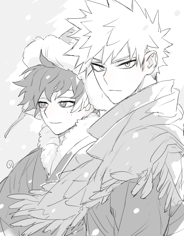 11mtri, 2boys, bakugou_katsuki, boku_no_hero_academia, closed_mouth, freckles, fur-trimmed_headwear, fur-trimmed_hood