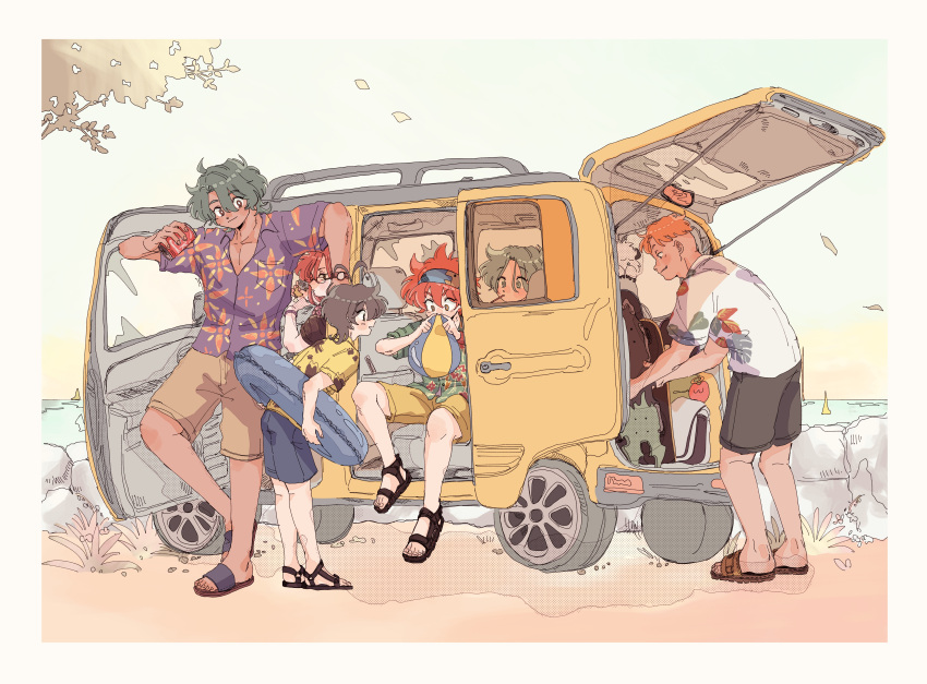 6+boys, absurdres, antenna_hair, ball, beachball, black_hair, blue_hair, brown_shorts
