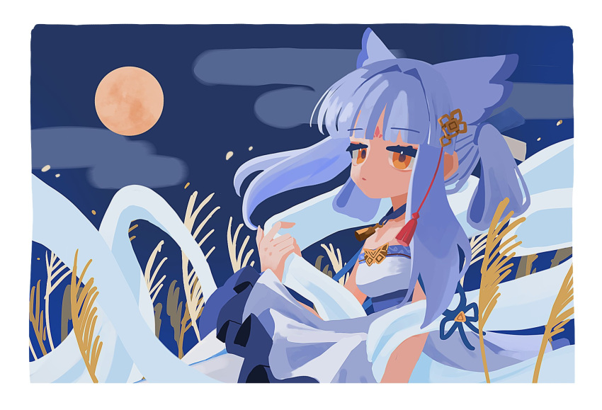 1girl, arknights, blue_sky, border, commentary, dress, full_moon, hair_ornament