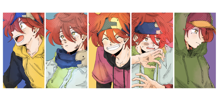 1boy, absurdres, baseball_cap, blue_scarf, blush, border, chokki_01, dirty