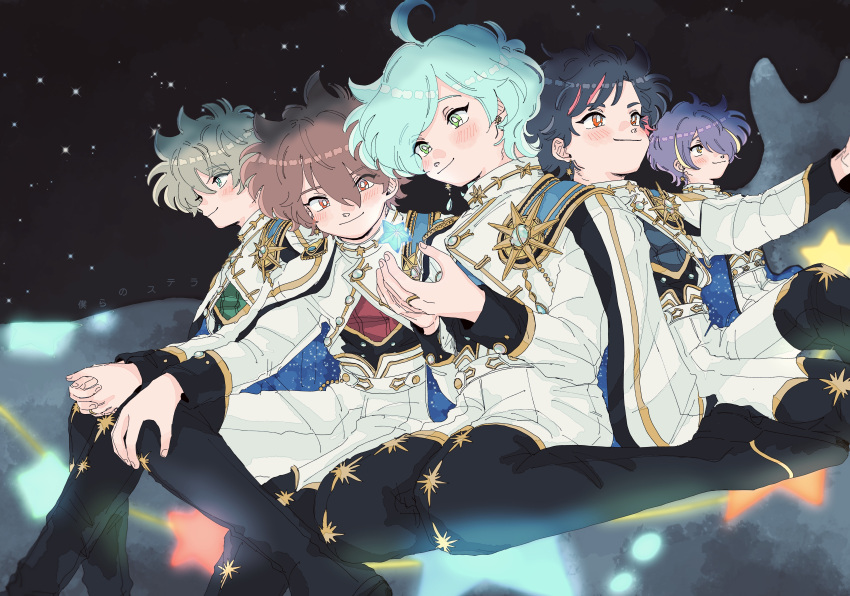 5boys, absurdres, ahoge, aqua_hair, asymmetrical_bangs, black_hair, blush, brown_hair