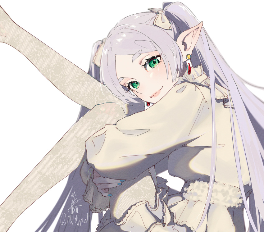 1girl, absurdres, blue_nails, bow, closed_mouth, collar, dress, earrings, elf, fingernails, frieren, frilled_bow, frilled_collar, frills, green_eyes, hair_bow, highres, hugging_own_legs, jewelry, lace_pantyhose, long_hair, looking_at_viewer, mistxii, nail_polish, pantyhose, pink_lips, pointy_ears, signature, simple_background, smile, solo, sousou_no_frieren, twintails, very_long_hair, white_background, white_bow, white_dress, white_hair, white_pantyhose