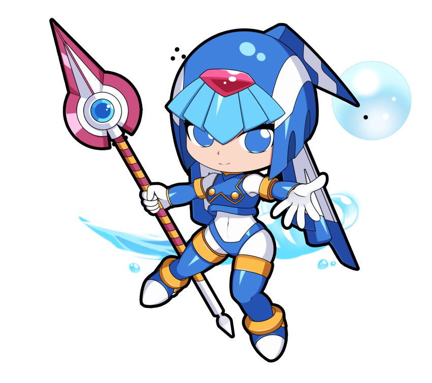 1girl, armor, blue_armor, blue_eyes, blue_helmet, chibi, fairy_leviathan_(mega_man), fins