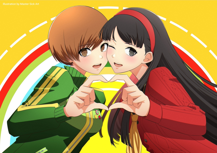 2girls, :d, absurdres, amagi_yukiko, artist_name, badge, black_hair, black_sailor_collar, breasts, brown_eyes, brown_hair, button_badge, commentary_request, english_commentary, eyelashes, green_jacket, grey_eyes, hair_between_eyes, heads_together, heart, heart_hands, heart_hands_duo, highres, jacket, long_hair, long_sleeves, master_sick_art, multiple_girls, neckerchief, one_eye_closed, open_mouth, orange_neckerchief, persona, persona_4, sailor_collar, satonaka_chie, school_uniform, short_hair, small_breasts, smile, teeth, track_jacket, upper_body, upper_teeth_only, yasogami_school_uniform, yellow_background
