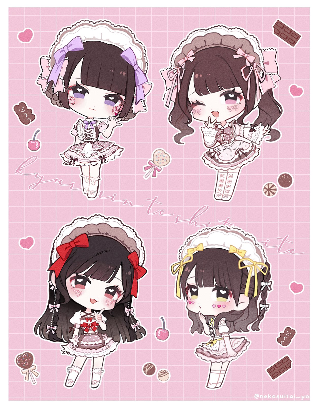 4girls, :3, apron, black_hair, border, bow, bow_legwear, bowtie