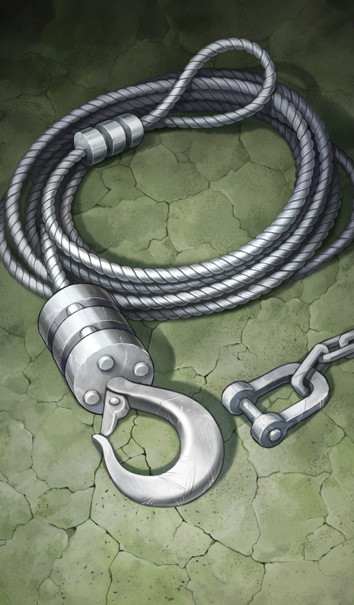 commentary, crack, cracked_floor, fate/grand_order, fate_(series), green_background, hook, no_humans, object_focus, official_art, rope, sasaki_midori, still_life, third-party_source