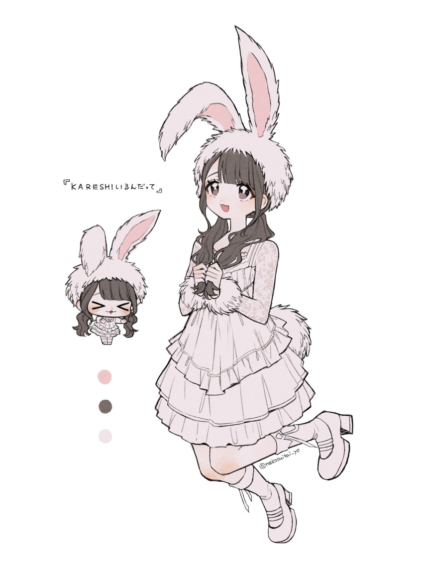 >_<, 1girl, animal_ears, animal_hat, brown_eyes, brown_hair, chiba_yuna, chibi, color_guide, dress, fake_animal_ears, fake_tail, floating, fold-over_socks, frilled_dress, frills, full_body, fur_wrist_cuffs, hat, highres, holding, holding_own_hair, idol, kyururin_te_shitemite, long_hair, long_sleeves, looking_up, low_twintails, nekosuitai_yo, open_mouth, platform_heels, platform_shoes, print_sleeves, rabbit_ear_hat, rabbit_hat, rabbit_tail, real_life, see-through_clothes, see-through_sleeves, simple_background, smile, socks, tail, twintails, twitter_username, wavy_hair, white_background, white_dress, white_socks, wrist_cuffs