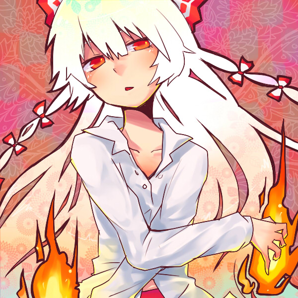 bow, burning_hand, bust, dress_shirt, fire, fujiwara_no_mokou, hair_bow, hair_ribbon