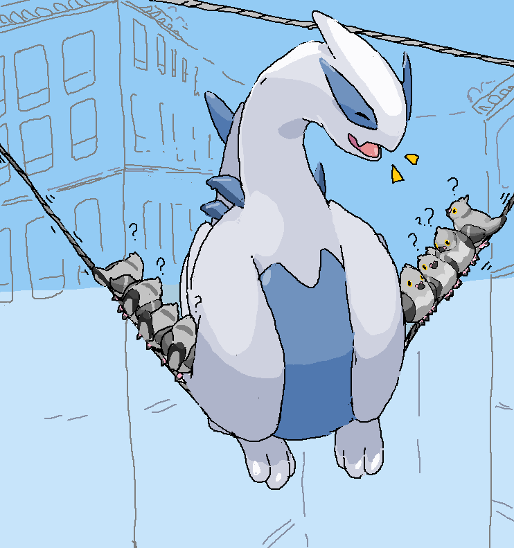 :d, ?, ambiguous_gender, animal_focus, bird, closed_eyes, commentary, confused, dragon, english_commentary, for_the_birds, level5pencil, lugia, microsoft_paint_(medium), no_humans, open_mouth, outdoors, perching, pidove, pixar, pokemon, pokemon_(creature), power_lines, smile, solo_focus, tail, tongue, western_dragon, wyvern, yellow_eyes