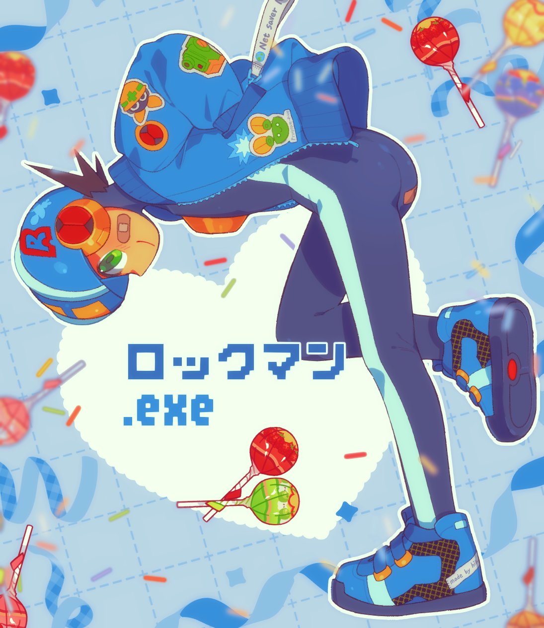 1boy, ass, bent_over, blue_bodysuit, blue_helmet, bodysuit, candy, character_name